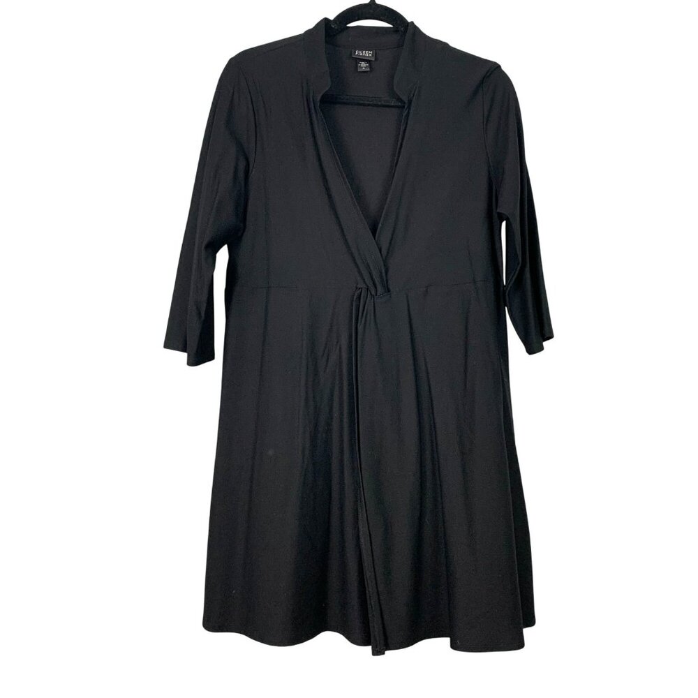Eileen Fisher Black Open Front Cardigan Dress Medium 3/4 Sleeve Womens USA Made